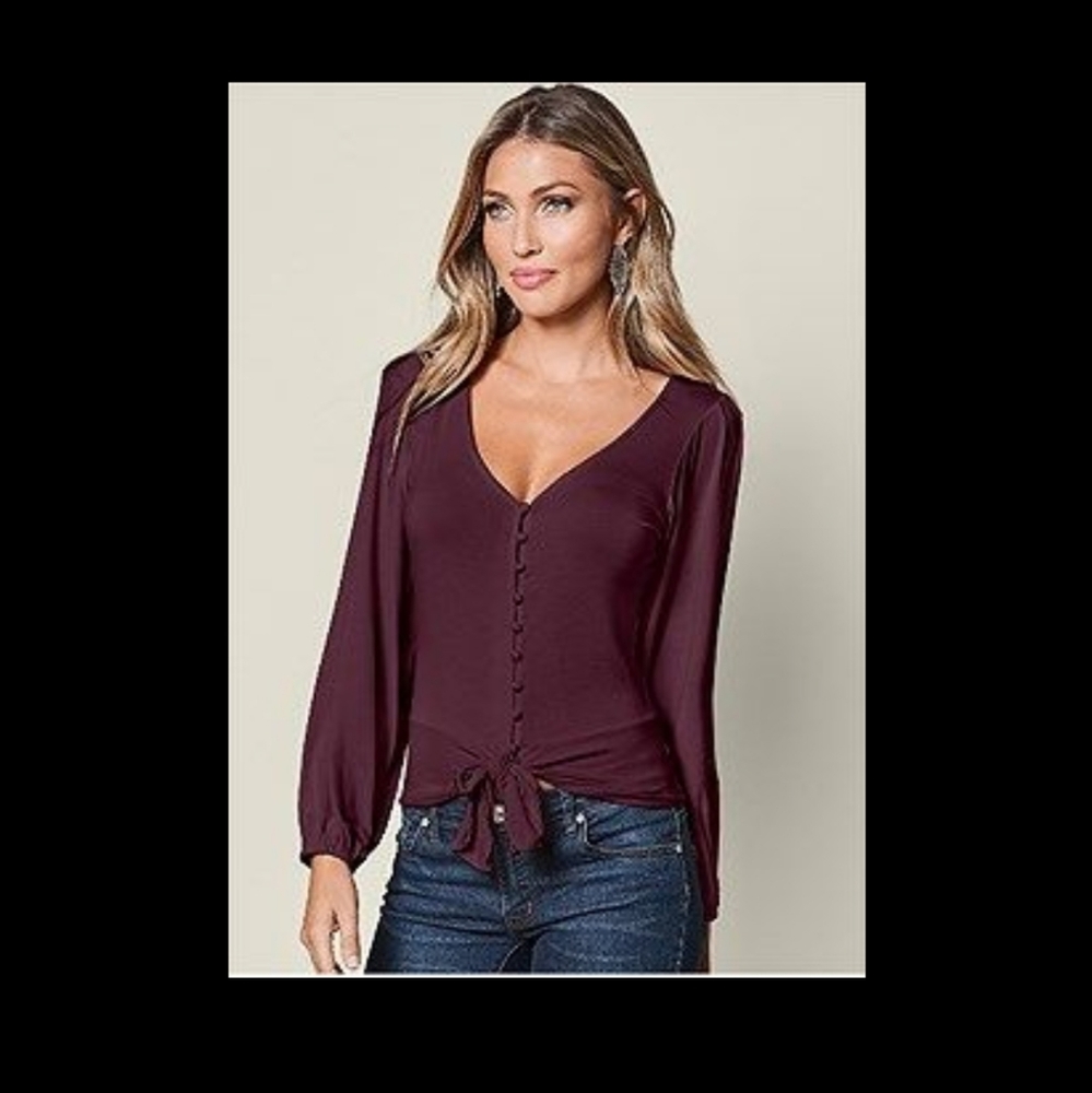 Venus Plum Tie Front Button Up Top